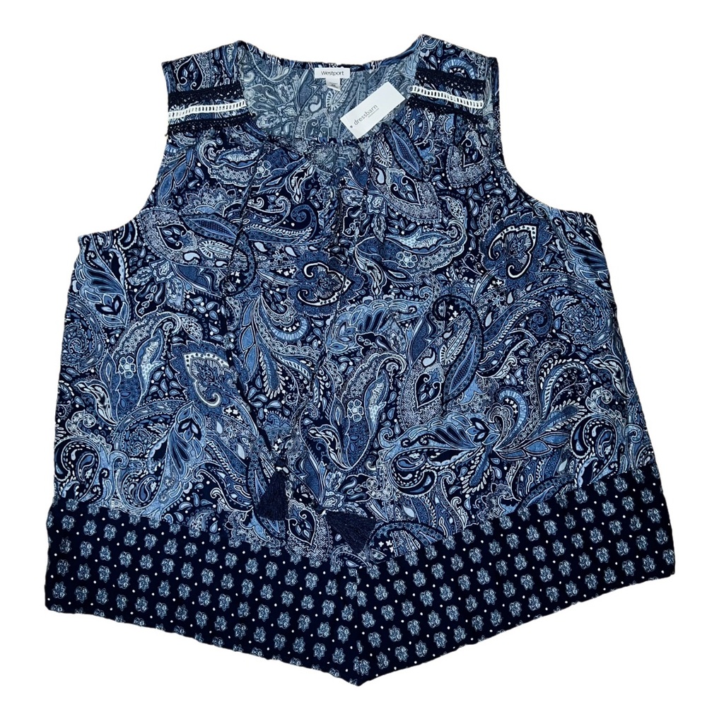 Westport Womens Plus Size 2X Sleeveless Blue Paisley Tunic Boho Tassels Top NWT